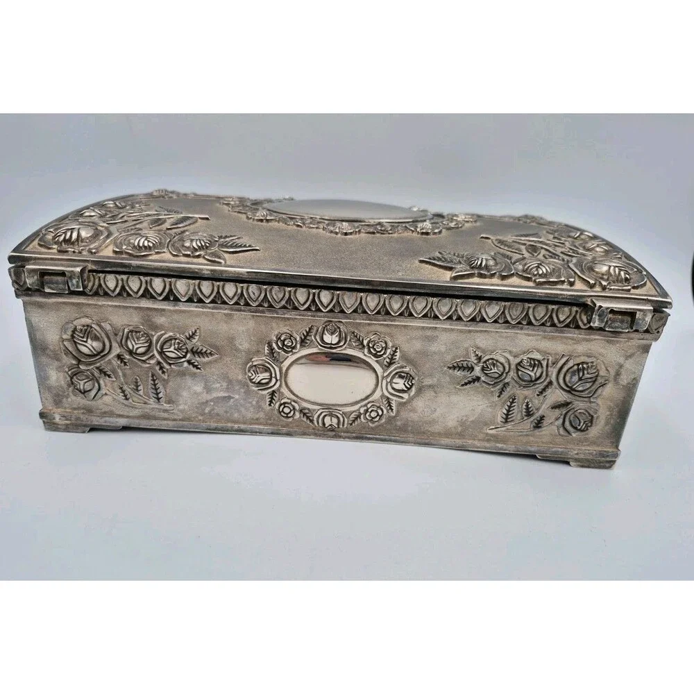 Vintage Godinger Silver Plated Large Jewelry Box Red Velvet Interior 1980s